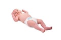 Baby infant boy lies in a diaper on the changing table, isolated on a whi Royalty Free Stock Photo