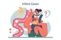 Baby infant crying. Newborn kid suffering from bowel gases. Baby colic,