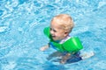 Baby with inflatable armbands in swimming pool. Royalty Free Stock Photo