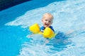 Baby with inflatable armbands in swimming pool. Royalty Free Stock Photo