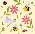 Baby insects flowers seamless pattern, cute paper, cartoon insects and flowers