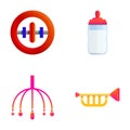 Baby items icons set cartoon vector. Baby care accessory