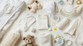 Baby items including a teddy bear, bottle and diapers Royalty Free Stock Photo