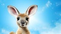 Baby kangaroo gray-brown, with brown eyes and big ears, funny, smart, beautiful, on a blue background