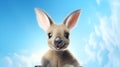 Baby kangaroo gray-brown, with brown eyes and big ears, funny, smart, beautiful, on a blue background