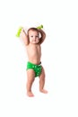 Baby kid, toddler in green diapers doing exercises with dumbbel Royalty Free Stock Photo