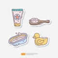 Baby and Kids Sticker Doodle Icon Set. Bathtub, Lotion, Rubber Duck, Comb. Baby Care Items Vector Illustration