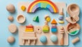 Baby kids toy for children. Educational Montessori learning wooden toys with rainbow, stacking blocks, organic teethers building