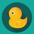 Baby, kids toy. Classic yellow rubber duck for bath. Vector icon with long shadow.