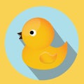 Baby, kids toy. Classic yellow rubber duck for bath. Vector icon with long shadow