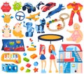 Baby, kids toys for game icon set of isolated vector illustrations. Train, horse, whirligig, toy house, dall and duck Royalty Free Stock Photo