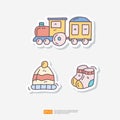 Baby and Kids Toys Sticker Doodle Icon Set. Small Train, Wool Hat, Socks. Baby Care Items Vector Illustration