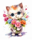 A Baby Kitty Cat Kitten Holding a Bouquet of Wildflowers