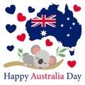 Baby koala sleeping on eucalyptus tree. Flat cartoon style. Funny and cute. Australian national flag. Shape of map. Red and blue Royalty Free Stock Photo