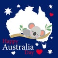 Baby koala sleeping on eucalyptus tree. Flat cartoon style. Funny and cute. Australian national flag. Shape of map. Red and blue Royalty Free Stock Photo