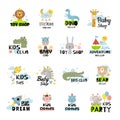 Baby labels. Funny and cute symbols for kids playground or education places recent vector badges template