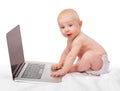 Baby, laptop and studio for entertainment, fun and games in child development and progressive technology. Infant, happy Royalty Free Stock Photo