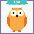 Baby learning cards with animal names. Learning to read. Educational game for children. Funny owl.