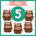 Baby learning cards with numbers and animals. Learning to count and to write numbers. Handwriting practice sheet. Royalty Free Stock Photo