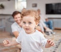 Baby, learning and walk in family home with toys, education and parents in living room. Child, infant and walking with Royalty Free Stock Photo
