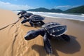 baby leatherback turtles forming a trail in beach sand Royalty Free Stock Photo