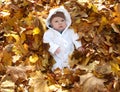 Baby in the leaves serious