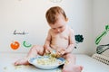 Baby-led Weaning is a complementary feeding method in which the baby itself, from 6 months of age, takes whole foods to the mouth Royalty Free Stock Photo
