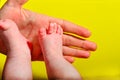 Baby legs on a yellow background, the mother holds the small legs of a newborn baby in her hand Royalty Free Stock Photo