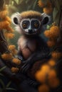 Endanger baby lemur catta, on yellow fruit tree