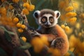 Endanger baby lemur catta, on yellow fruit tree