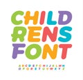 Baby letters with funny tail serif. Awesome children alphabet. Colored bold italic font, type for baby room logo