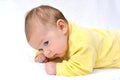The baby lies on a stomach. A portrait on a light background