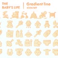 Baby life flat icon set, newborn symbols collection, vector sketches, logo illustrations, kid signs orange gradient