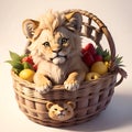 A baby lion in the basket with fruits, cute, adorable, realistic photography, animal creatures, printable, white background