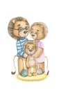 Baby lion little boy. Standing with parents. Taking a photo together. Family portrait. Royalty Free Stock Photo