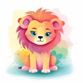 Baby lion playing bundle illustration. Cartoon lion sitting and smiling. Playful baby lion set with color splashes. Baby lion with