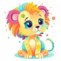 Baby lion playing bundle illustration. Colorful lion cub collection on a white background. Cartoon lion sitting and smiling.