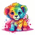 Baby lion playing bundle illustration. Colorful lion cub collection on a white background. Cartoon lion sitting and smiling. Baby