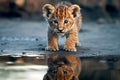 Baby Lion Reflection Puddle Run. Generative AI