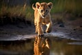 Baby Lion Reflection Puddle Run. Generative AI