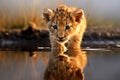 Baby Lion Reflection Puddle Run. Generative AI