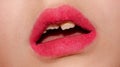Baby lips with fluffy lipstick. Children`s teeth