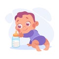 Baby Little Boy with Cute Face Creeping and Crawling to Milk Bottle Vector Illustration