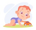 Baby Little Boy with Cute Face Creeping with Toy Car Vector Illustration