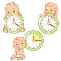 Baby Little baby with clocks. Time for baby. Royalty Free Stock Photo