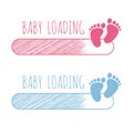 Baby loading concept with progress bar and pink and blue footsteps vector illustration set.