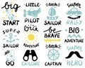 12 baby logo with handwriting Big start, Little Pilot, Super Sailor, Adventure, Be brave, Lets GO, Explore, Captain