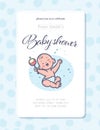 Baby shower card / invitation / poster design template with cute baby boy infant sit with rattle toy, pattern isolated. Royalty Free Stock Photo