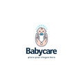 Baby logo. Sleeping baby in mother hands. Care and safety logotype. Royalty Free Stock Photo