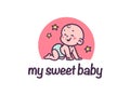 Sweet baby logotype with cute small baby boy silhouette  crawl laughing isolated on white background. Royalty Free Stock Photo